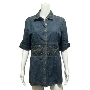Lana Sport Blue Denim Embroidered Sewn Beading Blouse Size 10